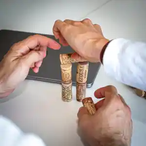 Drei Hände bauen einen Turm mit Korkzapfen